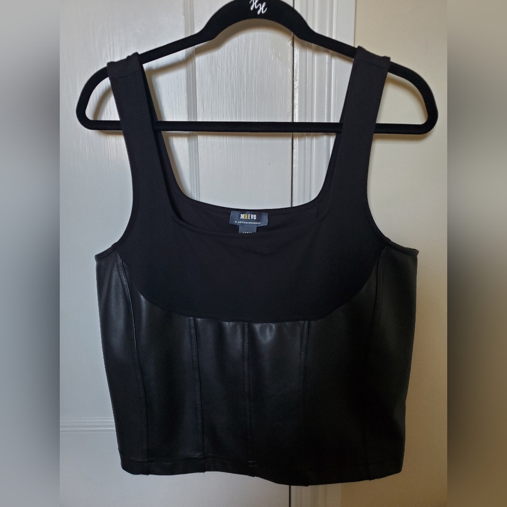 Anthropologie Maeve Black Crop Camisole Top, Faux Leather